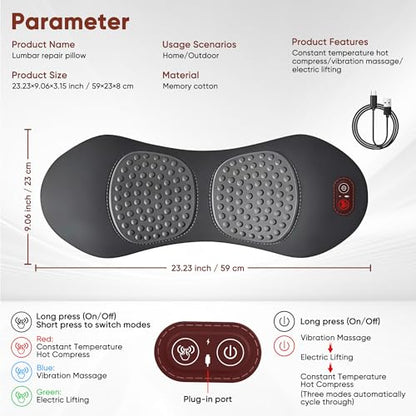 3 in 1 Upadate Rechargeable Electric Lumbar Support Pillow with Adjustable Height for Bed and Chair,Cordless Back Massager for Pain Relief Deep Tissue,Back Massager with Heat for Home & Office
