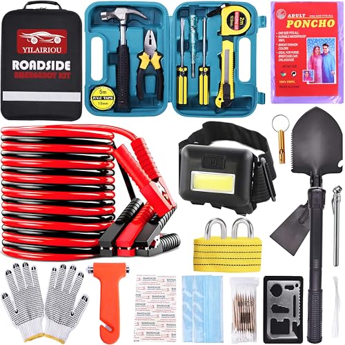 Car Roadside Emergency Kit, with Jumper Cables Automotive Kit,Car Safety Roadside Assistance Kit Headlamp,Tow Straps, Safety Hammers, Rainwear, Gloves.Black - color: Purple