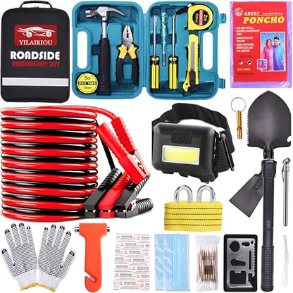 Car Roadside Emergency Kit, with Jumper Cables Automotive Kit,Car Safety Roadside Assistance Kit Headlamp,Tow Straps, Safety Hammers, Rainwear, Gloves.Black - color: Purple