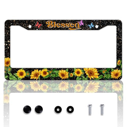 Blessed Sunflower License Plate Frame Christian License Plate Holder Personalise Stainless Steel Funny Design Compatible with Standard License Plate Frames for USA and Canada 6 X 12 Inch with Screws - color: Blessed Sunflower