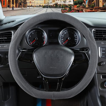 Gray Suede D Shaped Steering Wheel Cover, Breathable Non-Slip Sweat-Proof Wear-Resistant No Pilling, Warm in Winter and Cool in Summer, Universal 15 inch - color: Gray, size: D Shape-M[14.5''-15'']