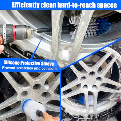 Wheel Brush Kit, Soft Drill Wheel Cleaner Brush, Tire Brush, Detailing Brush, and Detailing Pads, No Scratches Car Wheel Cleaning Kit for Wheels, Tire, Rims, Engines, Exhaust(Blue + White 9 Pk) - color: Blue + White 9 Pk