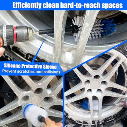 Wheel Brush Kit, Soft Drill Wheel Cleaner Brush, Tire Brush, Detailing Brush, and Detailing Pads, No Scratches Car Wheel Cleaning Kit for Wheels, Tire, Rims, Engines, Exhaust(Blue + White 9 Pk) - color: Blue + White 9 Pk