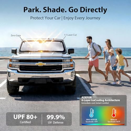 Upgraded Windshield Sun Shade for Chevrolet Silverado 1500, Ram-1500 & Sierra [Nano Ice-Crystal Cooling, 99.9% Sun Protection] Foldable Sunshade with Storage Bag, Car Accessories, M(64 x 32 in) - size: M| 64"L x 32"W