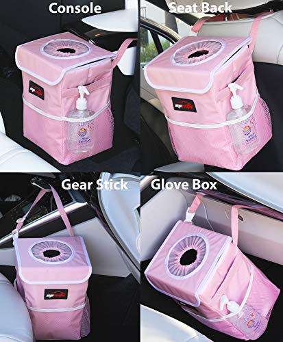 EPAuto Waterproof Car Trash Can with Lid and Storage Pockets, 2.5 Gallon Leakproof, Pink - color: Pink