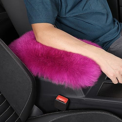 Genuine Sheepskin Center Console Cover Pad Genuine Furry Fluffy Wool Fur Car Armrest Cover Protector Universal Fit for SUV/Truck/Car - color: Long Wool-Purple Pink