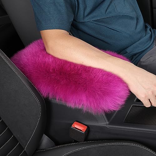 Genuine Sheepskin Center Console Cover Pad Genuine Furry Fluffy Wool Fur Car Armrest Cover Protector Universal Fit for SUV/Truck/Car - color: Long Wool-Purple Pink