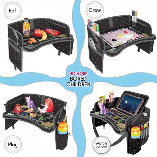 Kids Travel Tray - Waterproof Lap Table with No-Drop Large Tablet Holder - Car Seat Tray - Road Trip Essentials Kids - Car Desk Organizer for Airplane - Toddler Travel Essentials - color: PREMIUM BLACK