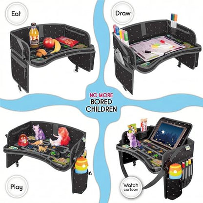 Kids Travel Tray - Waterproof Lap Table with No-Drop Large Tablet Holder - Car Seat Tray - Road Trip Essentials Kids - Car Desk Organizer for Airplane - Toddler Travel Essentials - color: PREMIUM BLACK