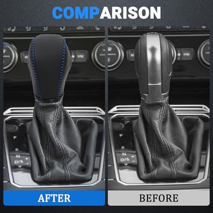 Leather Gear Shift Knob Cover Compatible with Volkswagen Atlas丨 Beetle丨 Golf丨 Passat丨 Jetta 丨 Tiguan 2011-2021 Black Leather with Blue Stitches Shifter Knob Cover - Black&Blue - color: Blue&Black