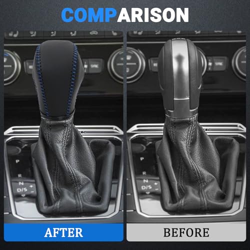 Leather Gear Shift Knob Cover Compatible with Volkswagen Atlas丨 Beetle丨 Golf丨 Passat丨 Jetta 丨 Tiguan 2011-2021 Black Leather with Blue Stitches Shifter Knob Cover - Black&Blue - color: Blue&Black