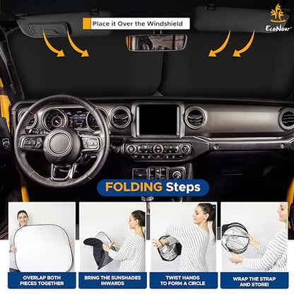 EcoNour 2-Piece Jeep Sunshade for Windshield Compatible with Wrangler JL JLU 2018–2025 & Gladiator 2020–2026, Foldable Sun Shade UV Block Heat Shield, Keeps Interior Cool, Upgraded Fit – (26"L x 18"W) - size: X-small