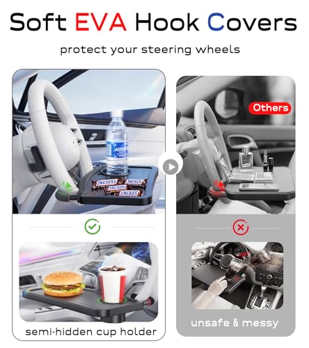Car Steering Wheel Tray for Drivers Steering Wheel Tray for Dining, Mobile Office & Travel Food with Cup Holder, Scratch-Free EVA Hook Covers, 2-in-1 Desk Table for Car - Black
