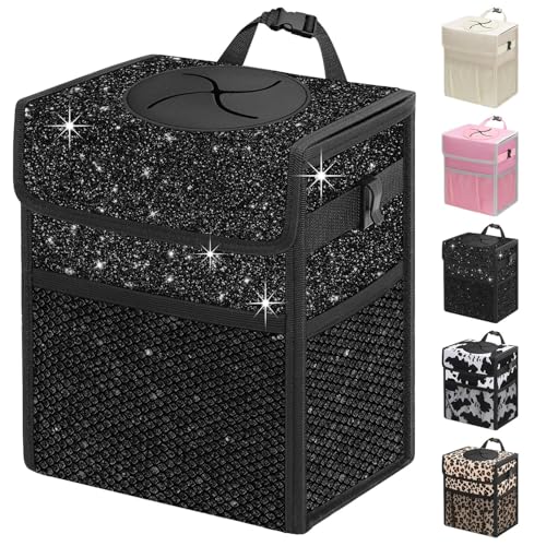 Capolo Car Trash Can with Lid, Leakproof Car Trash Bag Hanging Waterproof Automotive Garbage Can with Storage Pockets Mini Vehicle Trash Bin for Back/Front Seat(Sparkly Black,2.5 Gallon) - color: Shiny Black, size: 2.5 Gallons