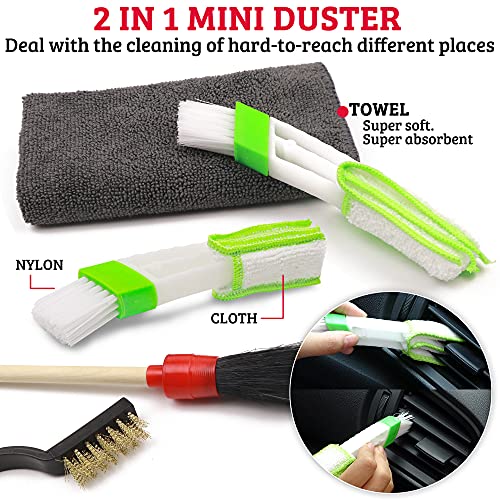 TAKAVU Complete Car Detailing Kit (12pc) - Detail Brushes, Wire Brushes, Vent Duster & Microfiber Towel for Wheels, Interior, Exterior, Engine Bay & Motorcycle Cleaning