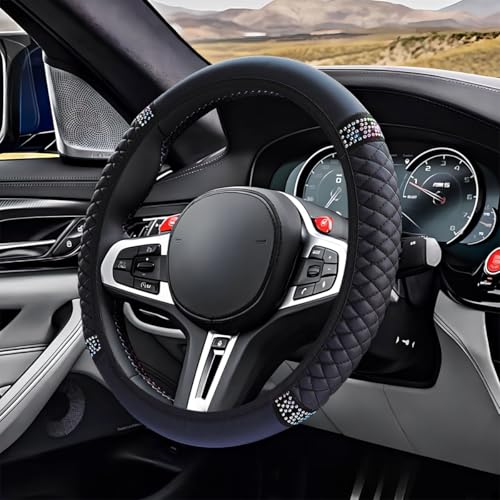 ZIMISI Bling Soft Leather Steering Wheel Cover, 15" Anti-Slip Sparkly Crystal Auto Elastic Steering Wheel Protector for Women Girl, Colorful Diamond Car Interior Accessory for Most Cars (Black) - color: Black