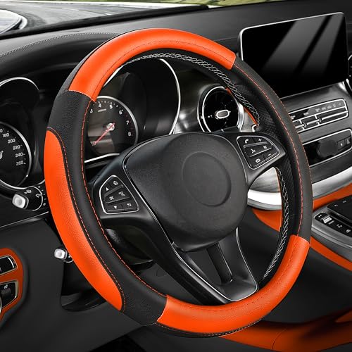 SEG Direct Steering Wheel Cover for Car, Standard Size 14.5-15 inch, Auto Interior Accessories, Black and Orange - color: Black and Orange, size: Standard size[14 1/2''-15'']
