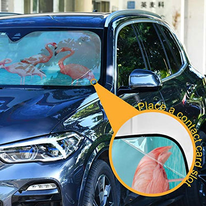 Retro Flamingos Standing Blue Sea Car Windshield Sunshade Foldable Reflective Sun Shade Blocks UV Rays - color: Flamingo