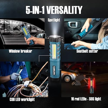 Emergency Car Flashlight with Seatbelt Cutter and Window Breaker, LED Work Light & Flash Beacon, Life-Saving Car Escape Tool for Roadside Safety (Blue) - color: Blue