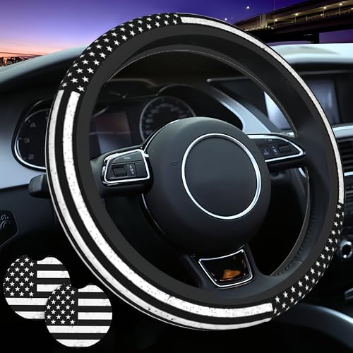 American Flag Black Steering Wheel Cover American Flag Vintage Steering Wheel Cover for Men Anti-Slip Breathable Universal for 14-15 Inch Car with 2 Pieces Car Coasters Suitable - color: American Flag-Black