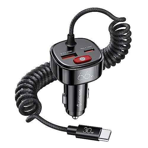 Syncwire USB C Car Charger with [Battery Leakage Prevention] 66W Super Fast Car Adapter with PD & QC 3.0 Built in 6FT Type C Coiled Cable for iPhone 17/16/15 Series, Samsung Galaxy/Google Pixel