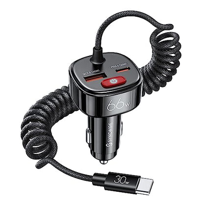 Syncwire USB C Car Charger with [Battery Leakage Prevention] 66W Super Fast Car Adapter with PD & QC 3.0 Built in 6FT Type C Coiled Cable for iPhone 17/16/15 Series, Samsung Galaxy/Google Pixel