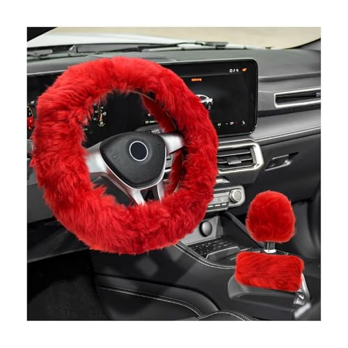 Fluffy Steering Wheel Covers Set, Fuzzy Wool Wheel Protector with Handbrake & Gear Shift Cover, Soft Warm Steering Wheel Wrap Furry Interior Accessories for Women Girls (Red) - color: Red
