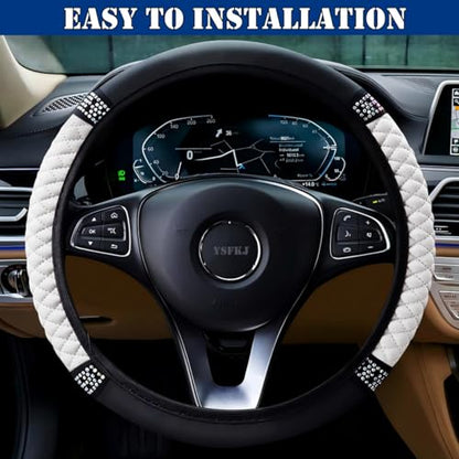 Soft Leather Car Steering Wheel Cover, Universal 15 Inch Colorful Rhinestones Anti-Slip Elastic Steering Wheel Covers for Most Cars, Sparkly Crystal Diamond for Women Girls (White) - color: White