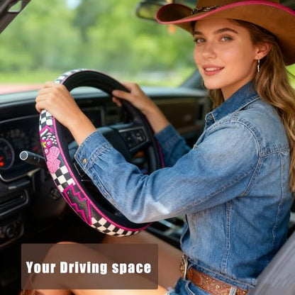 Western Cowboy Steering Wheel Cover Leather, Retro Car Tooled Leather Steering Wheel Cover, Embossed Hand-Painted Universal Anti-Slip - color: B Color