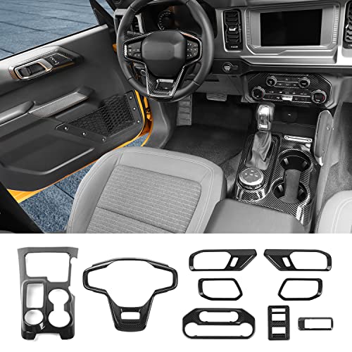 RAZPOY for Bronco 9PCS Interior Kit, Gear Shift Panel Cover, Steering Wheel Trim, Inner Door Handle Cover Compatible with 2021-2024 Ford Bronco Carbon Fiber Interior Accessories 4-Door
