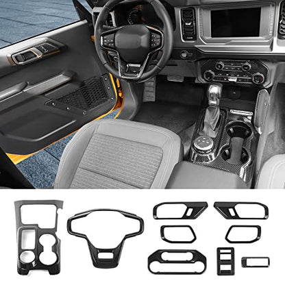 RAZPOY for Bronco 9PCS Interior Kit, Gear Shift Panel Cover, Steering Wheel Trim, Inner Door Handle Cover Compatible with 2021-2024 Ford Bronco Carbon Fiber Interior Accessories 4-Door