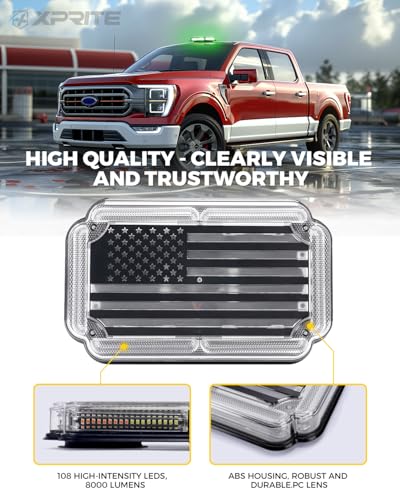 Xprite 108 LED Roof Top Strobe Light, US Flag Pattern Mail Postal Car Light Bar, Emergency Safety Warning LED Mini Strobe Lightbar w/Magnetic for Patrol Vehicles Law Enforcement Trucks, Green White - color: Green White