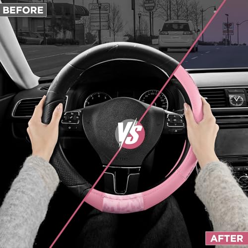 Road Comforts Steering Wheel Cover - Made with PVC Leather and Leopard Fabric - Universal 14 1/2 inches to 15 inches for Most Automotive Steering Wheel - Cheetah Print - All Pink - color: Round-All Pink