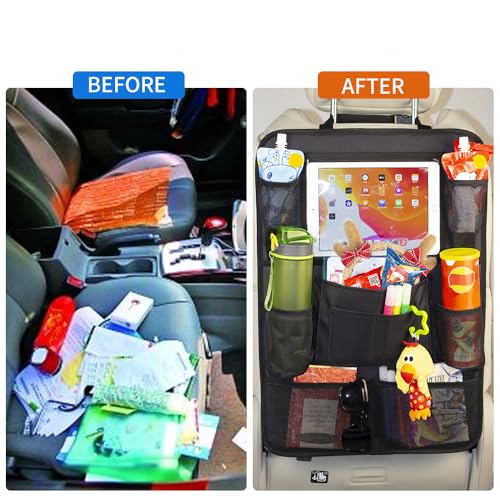 Backseat Car Organizer, 2 Pack Kick Mats Back Seat Protector with Touch Screen Tablet Holder, 9 Storage Pockets for Travel Accessories & Toys, Waterproof & Easy-Clean Black Protector