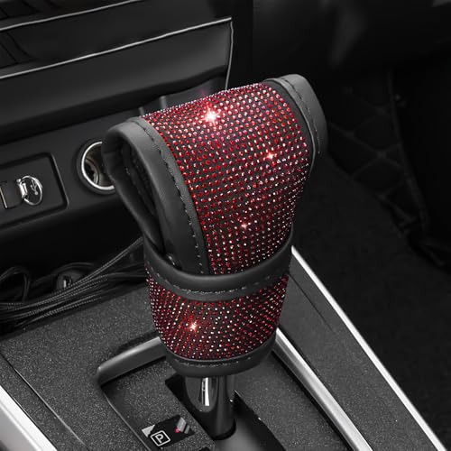 Bling Auto Gear Shift Knob Cover, Car Knob Gear Stick Protector, Sparkly Crystal Rhinestones Gear Shift Knobs Cover for Women Girls, Universal Interior Decor Accessories (Red) - color: Red