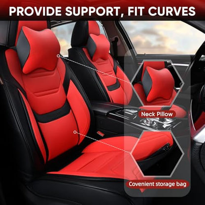 Car Seat Covers Full Set, Breathable Leather Automotive Front and Rear Seat Covers & Headrest for Reduce The Driving Fatigue, Compatible with Most Vehicles, Cars (Black&Red, Front Pair and Rear) - color: Black&Red, size: Front Pair and Rear