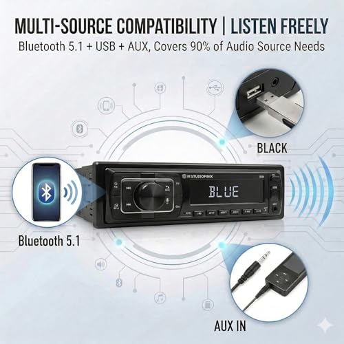 STUDIOFINIX Single Din Bluetooth 5.1 Marine Car Stereo Receiver, 240W Audio Head Unit with IR & APP Control, FM/AM Radio, Built-in Mic & EQ, USB/SD/AUX/MP3 for 12V Car Truck RV ATV UTV Boat (Black)