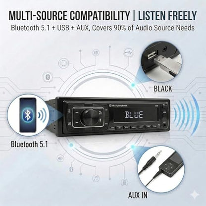 STUDIOFINIX Single Din Bluetooth 5.1 Marine Car Stereo Receiver, 240W Audio Head Unit with IR & APP Control, FM/AM Radio, Built-in Mic & EQ, USB/SD/AUX/MP3 for 12V Car Truck RV ATV UTV Boat (Black)