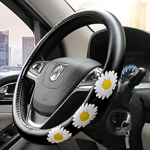 Dotesy Leather Flowers Car Steering Wheel Cover, Fashion Floral Steering Wheel Protector Universal for 36-38cm Anti Slip Auto Interior Decor Protection Accessories for Women - color: Black