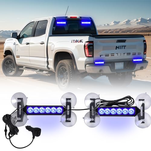 2X 6.1 inch Emergency Strobe Lights Blue 12 LED Hazard Warning Flashing Safety Dash Front/Rear Windshield Lights Grill Surface Mount for Police Firefighter Ambulance Vehicles Trucks Car - color: Blue