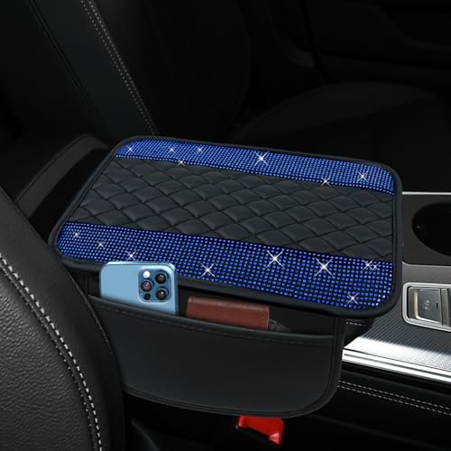 Bling Leather Car Center Console Cover, 12.2"×7.48" Crystal Rhinestone Automotive Arm Rest Cover with Side Pockets, Universal Vehicle Armrest Protector, Interior Car Accessories (Royal Blue) - color: Royal Blue