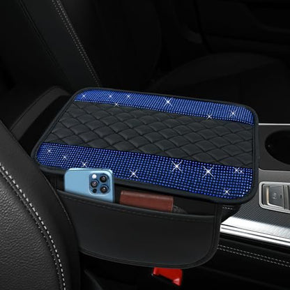 Bling Leather Car Center Console Cover, 12.2"×7.48" Crystal Rhinestone Automotive Arm Rest Cover with Side Pockets, Universal Vehicle Armrest Protector, Interior Car Accessories (Royal Blue) - color: Royal Blue