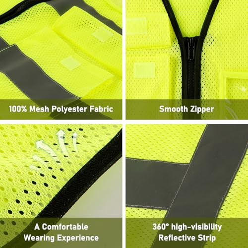 High Visibility Vest Safety Vest with Pockets and Zipper Meets ANSI/ISEA Standard(1 Pack 5 Pack) - color: Yellow-mesh, size: X-Large