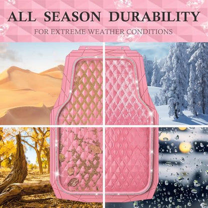 CAR PASS Bling Diamond Rubber Car Mats, Heavy Duty Deep Dish All-Weather Floor Mat Full Set Anti-Slip 3D Rhombus Waterproof Trim Fit Liner Universal Glitter Sparkly Shining Rhinestone, Pink Rubber - color: Pink Diamond