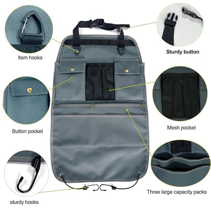 Car Seat Back Organizer with Multiple Pockets and Hooks (grey) - color: grey