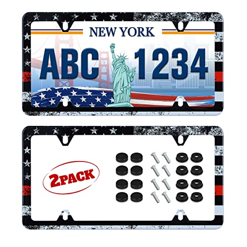 2pcs Thin Red Line American Flag License Plate Frame Firefighter License Plate Holder Retro Stainless Steel Auto Parts Decoration Fits U.S. Canadian Standard 4 Hole for Men Women - color: Vintage Thin Red Line American Flag, size: 2 Pack