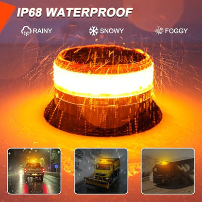 Solar Amber Strobe Light, 48 LED Rechargeable Emergency Warning Beacon Light with 9 Flash Modes, Magnetic Mount, IP68 Waterproof for Trucks, Forklifts, Tractors, Golf Carts, UTV, Car, Bus
