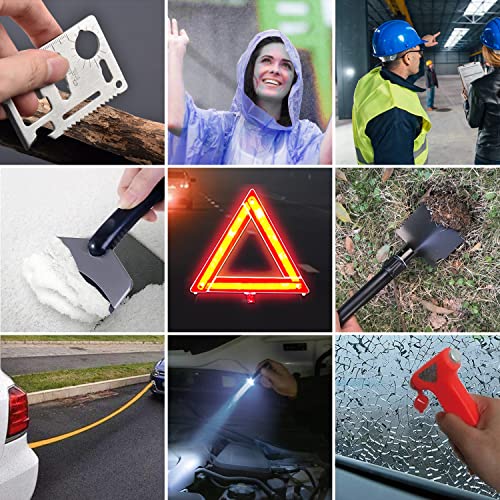 98 PCS Roadside Car Emergency Assistance Kit with Portable Air Compressor Jumper Cables Safety Hammer All in One Pliers Tool Set（Black） - color: Black