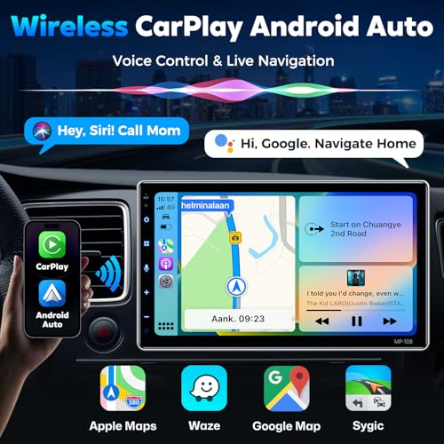 PLZ 10.1" Wireless Single Din Car Radio Stereo with Apple Carplay Android Auto Touch Screen, Car Play Audio Receivers Headunit, Bluetooth 5.3, Backup Camera, 240W, 2 Subwoofers, Navigation, FM/AM, SWC - size: 10.1"
