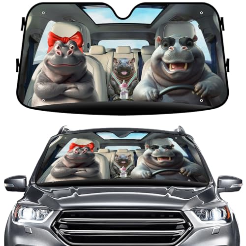 GENANY Funny Hippo Windshield Sun Shade for Car SUV Truck (64x32 Inches), Sun Shade Windshield, Shades for Front Windows, Protector Blocks UV, Xmas Auto Gift, Spring Car Decor - color: 06. Hippo, size: Size M